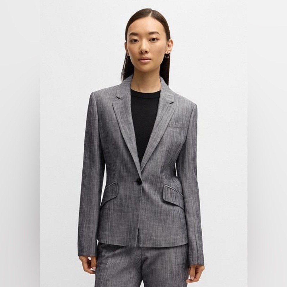 BOSS Sz 4 Blazer Wool Line Silk Blend Peek Collar Suttle Pin Stripe Heather Grey
